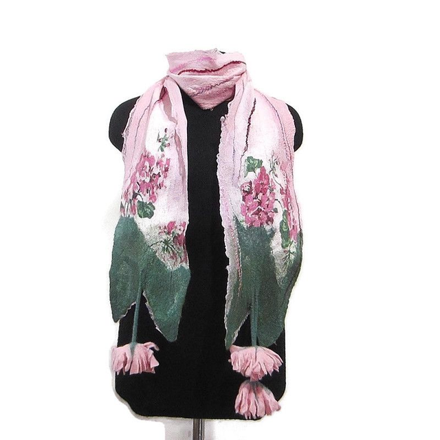 Sciarpa lana merino seta infeltrita fiori feltro Sciarpa rosa lunga calda donna fatto a mano regali unici per donne ragazza