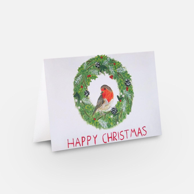 Robin in wreath bird artwork greeting card
