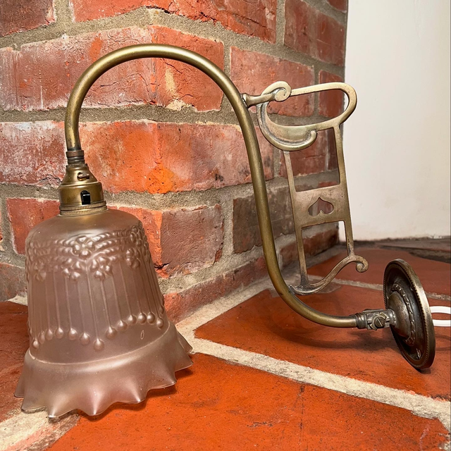 Art Nouveau Brass Wall Light Fitting With Pink Rose Frosted Glass Shade