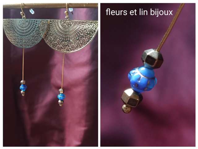 Z-Boucles d&#039;oreilles éventail longues sur tige perles en verre bleu et hématite dorée en acier inoxydable doré 