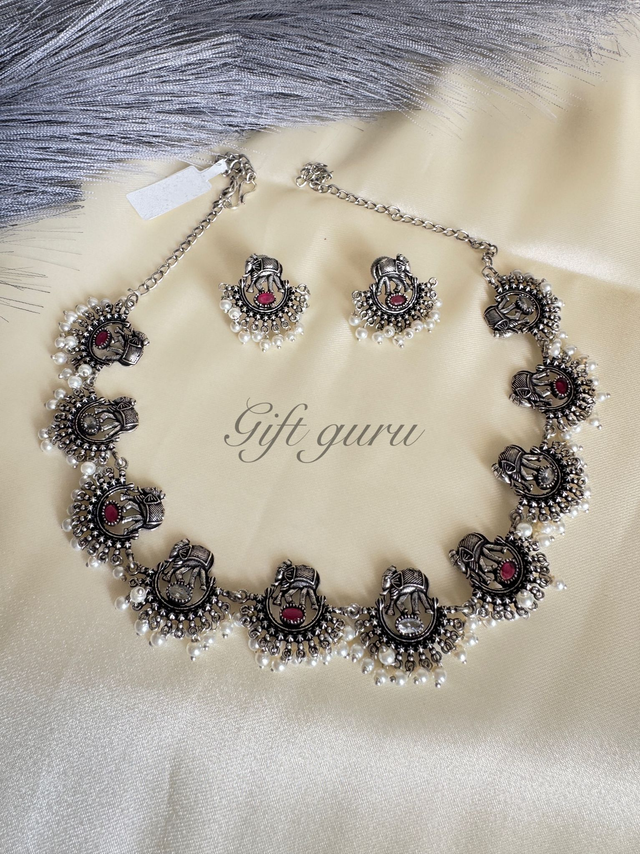 ✨ Oxidised Elephant Necklace Set with Ruby, Pearls ✨