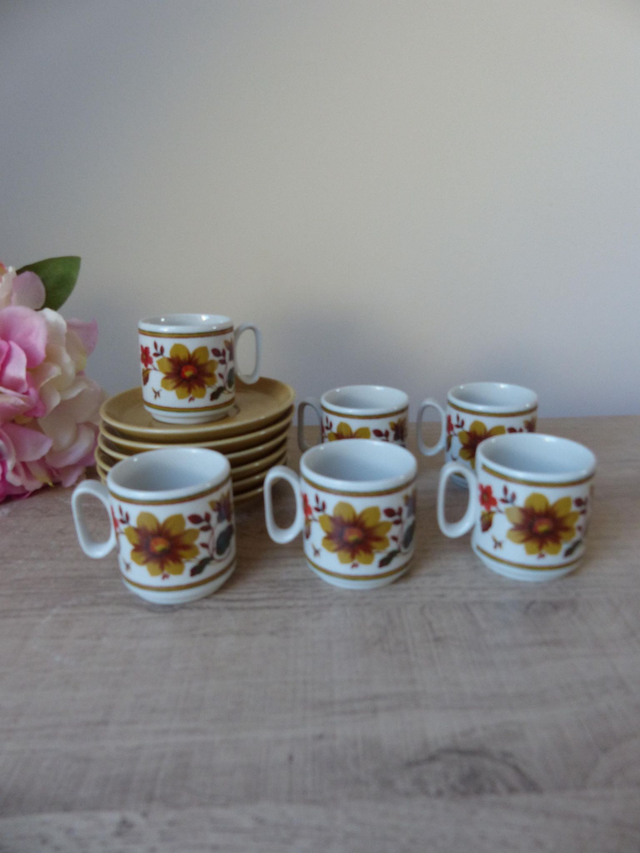 Service à café expresso Tognana vintage 1970 – 6 tasses + soucoupes en céramique italienne décor floral