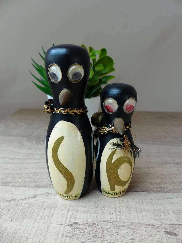 Vintage Salière et Poivrière en Bois Magnétiques Oiseaux Animaux Pingouins Manchots Années 1950, collection salières et poivrières anciennes