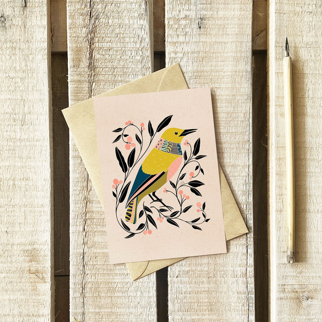 Carte Oiseau Folk jaune | Enveloppe kraft | A6 