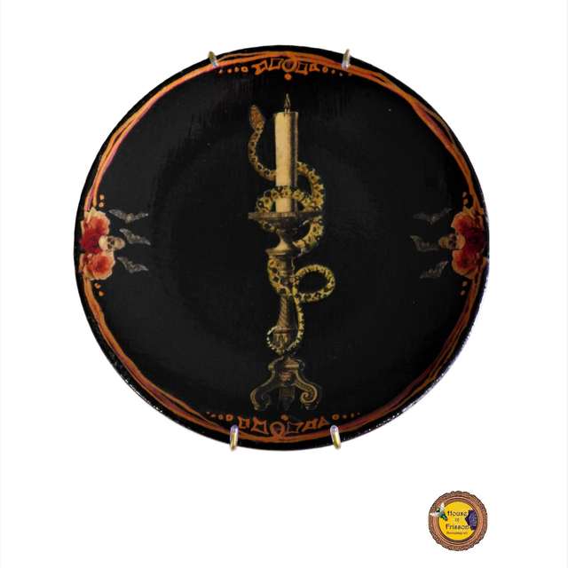 “Snake On Candlestick” Black Upcycled Wall Plate - House of Frisson