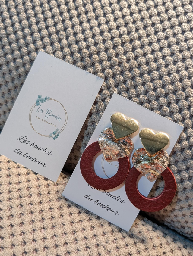 Boucles d&#039;oreilles Coeur bordeaux doré c2055