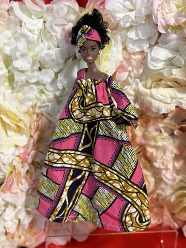 Poupée – Robe en Wax rose & Coiffe assortie - Fait main