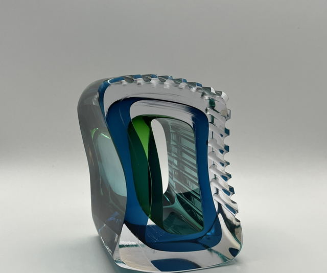 Small cut slice Studio Glass Sculpture by Graeme Hawes – Blue, Green &amp; Clear with Serrated Edge