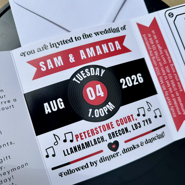 Retro vinyl record music theme invitations - square, tri-fold Wedding invitations - including guest information &amp; RSVP