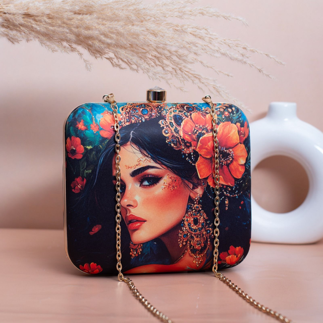 Woman Portrait Printed Clutch Bag- 7x6.5