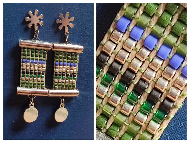 Boucles d&#039;oreilles &quot;fleurs argent&quot; tissées main perles de verre argent/bleu/vert ,fil de lin en acier inoxydable argent, pièce unique 