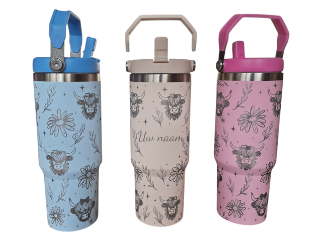 Thermos Tumbler met hooglander &amp; bloemenpatroon – 840 ml