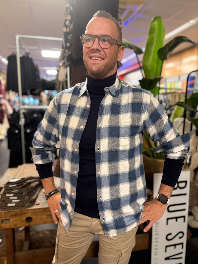 Overhemd flanel met blok jeansblauw