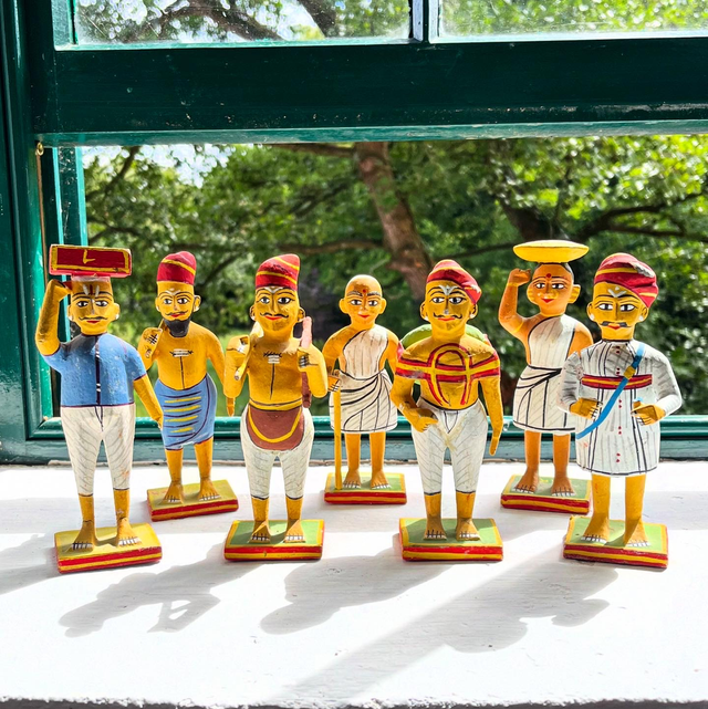 A Collection Of 7 Traditional Indian Wooden Figurines Known As Kondapalli Toys