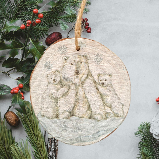 Festive Decoupage Rustic Wood Slice Tree Ornaments