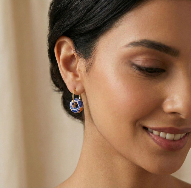 Klein Blue Flower Circular Thick Hoop Ceramic Earrings