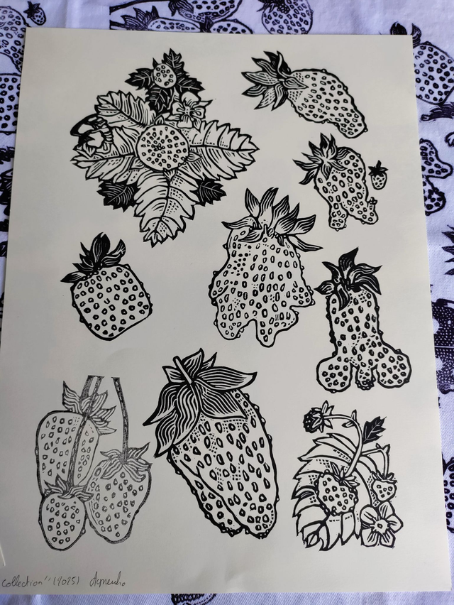 impression linogravure fraises "Collection" 24X32cm