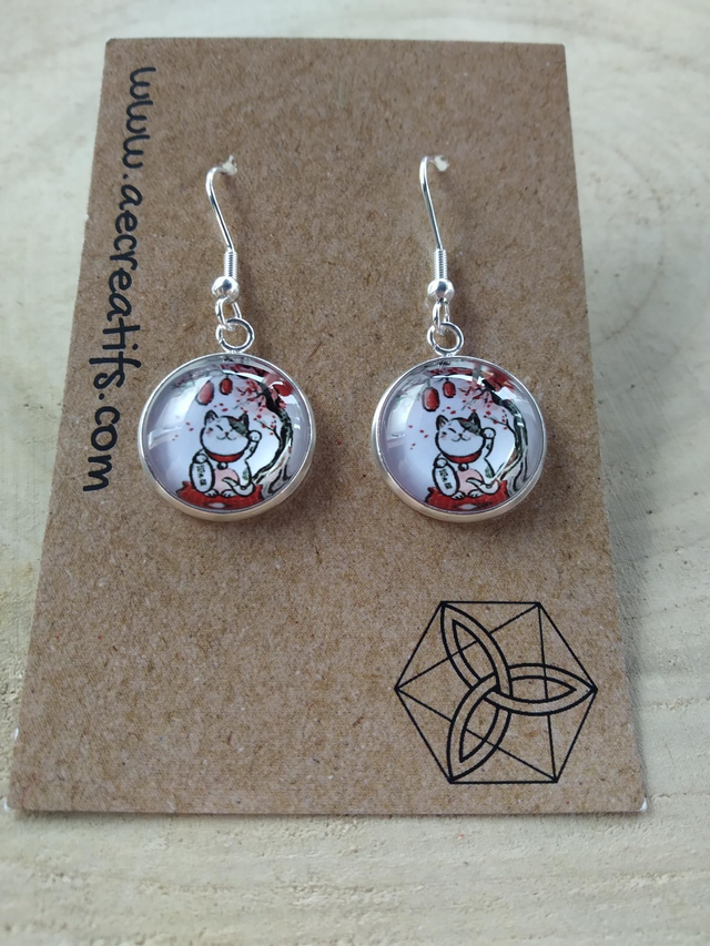 Boucles d&#039;oreilles cabochons chat dessin chance 