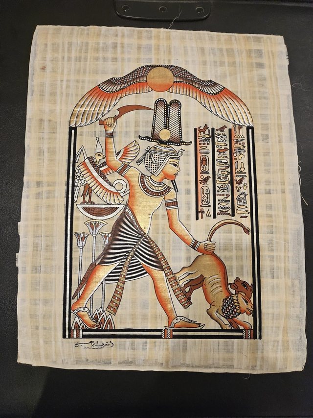 Ancient Egyptian Pharaoh Lion Hunting Papyrus Art – Royal Victory Scene & Pharaonic Wall Decor – 23 × 33 cm