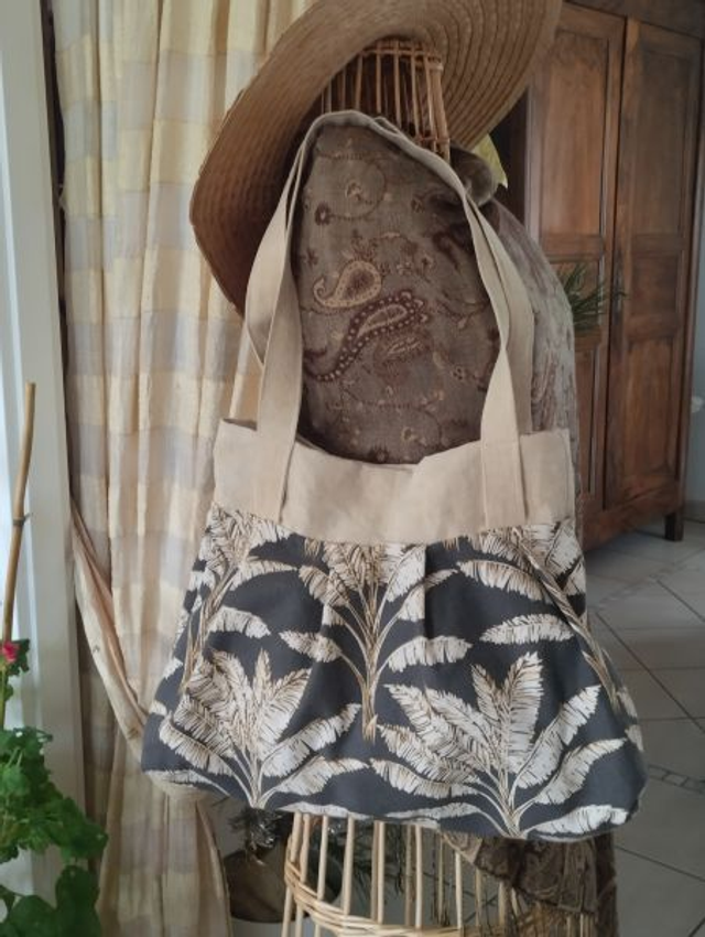 Fourre-tout sac imprimé palmiers doublé marron