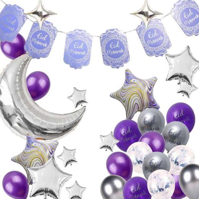 69 piece Eid Mubarak Silver and Purple Balloon Kit with Bunting