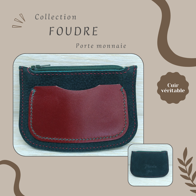 FOUDRE porte monnaie/carte - Vert foncé (nubuck) &amp; rouge
