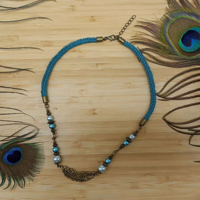 Parure turquoise et bronze - Collier ras de cou turquoise - Plume
