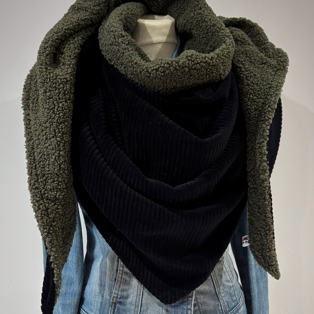 Maxi chèche, écharpe « Sherpa kaki et noire »