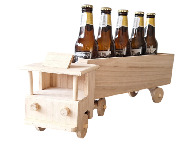 Houten Bier/ wijn truck Cadeau – excl. flesjes, ruimte voor 6 bierflesjes