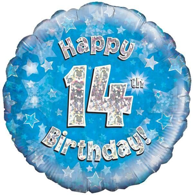18" HAPPY 14TH BIRTHDAY BLUE HOLOGRAPHIC FOIL
