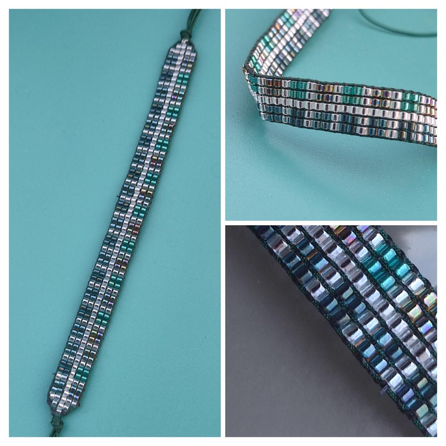 Z-Bracelet tissé main en perles de verre miyuki&quot; petits carreaux bleu/vert &amp; argent&quot; réglable par lien coulissant 
