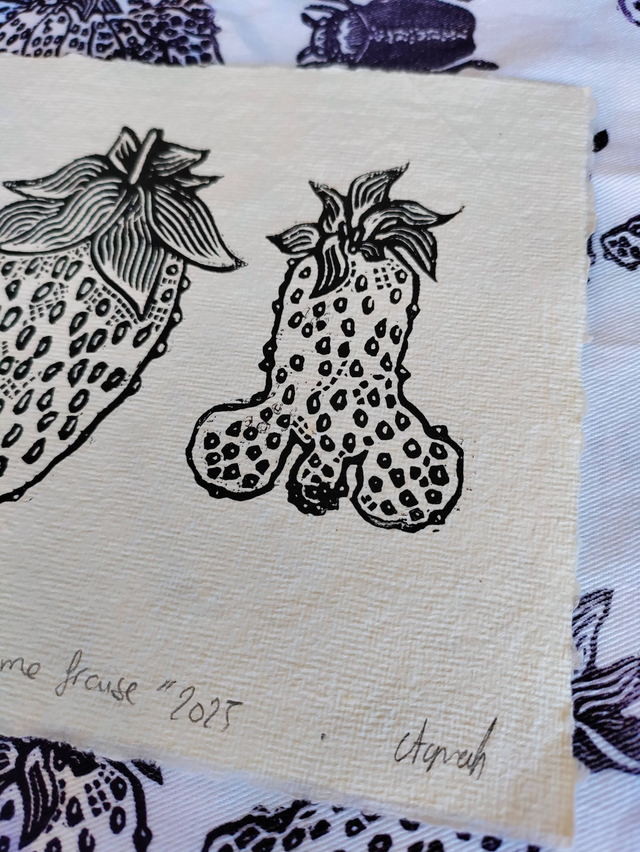 impression linogravure fraises "Monsieur et Madame Fraise" 15X15cm