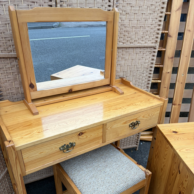 Solid Pine Dressing Table With Mirror, Stool And Matching Bedside Cabinet
