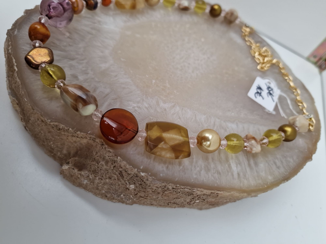 Collier Vintage Pierres Quartz Perles Dorés Marrons