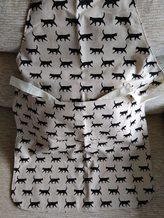 Kitchen Apron Black Cats Walking Print Cotton Linen Fabric with Lined Front pocket and Cream lining, waist ties and adjustable neck ties