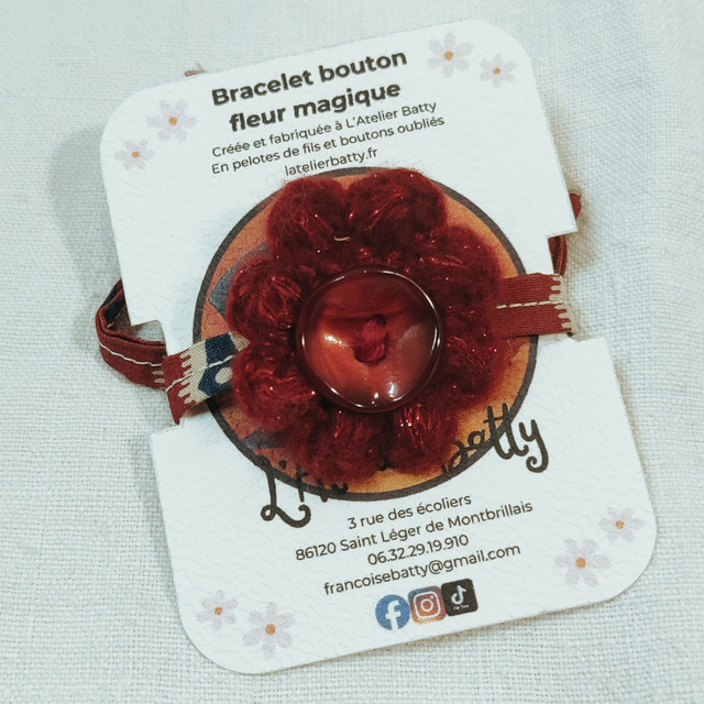 Bracelet Rétro rouge, Bouton Nacré rouge, Fleur Pomponette rouge paillettes