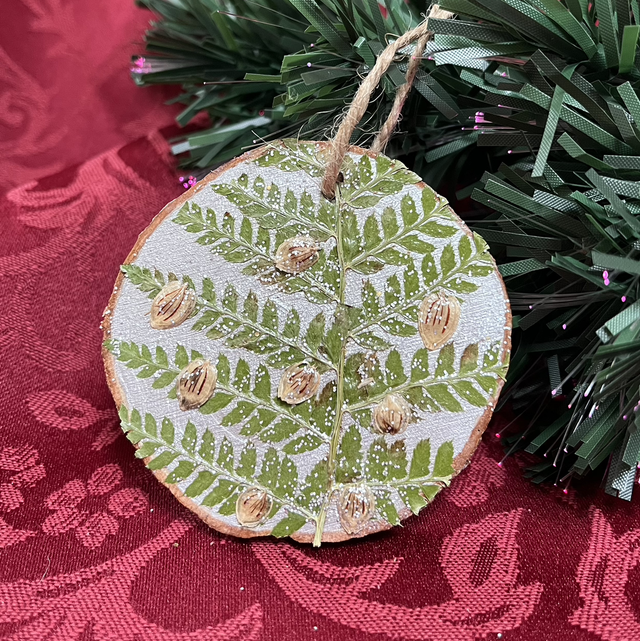 Christmas Wood Slice Fern and Baubles Sliver