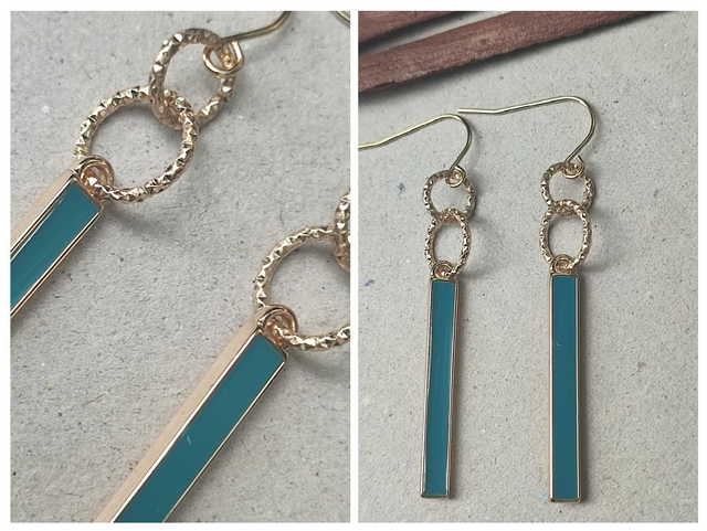 Boucles d&#039;oreilles 2 anneaux et tige émaillée turquoise et dorée, acier inoxydable doré -sans nickel, pièce unique 