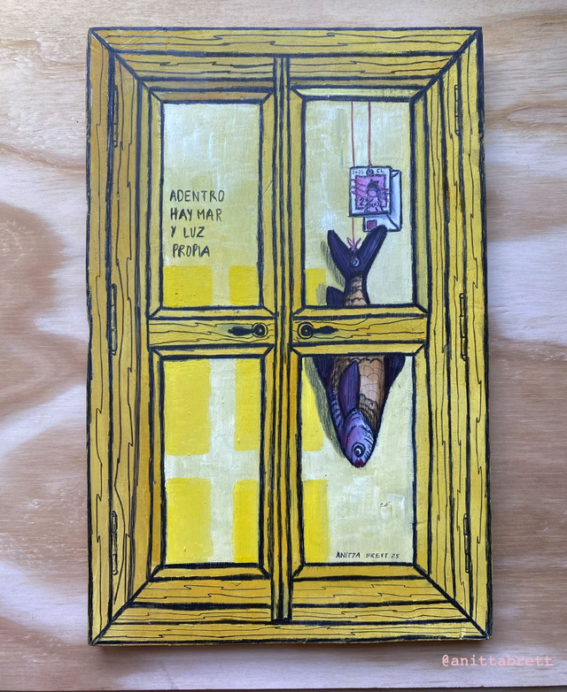 Ventana amarilla al mar. Pintura al óleo original de Anitta Brett