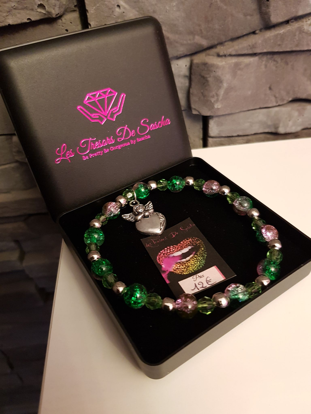Bracelet Perles Vertes  Roses Argentées  Ange Cœur Argenté