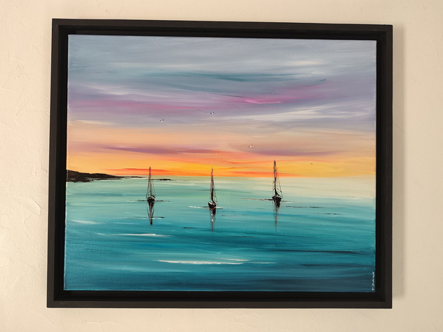 tableau Moderne abstrait - art contemporain - marine colorée bateaux voiliers