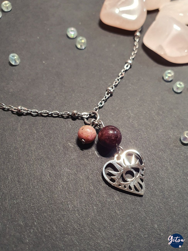 Collier coeur rhodonite et grenat