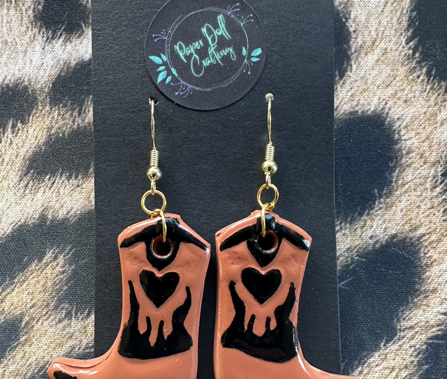 Tan and Black Polymer Clay Cowboy Boot Earrings