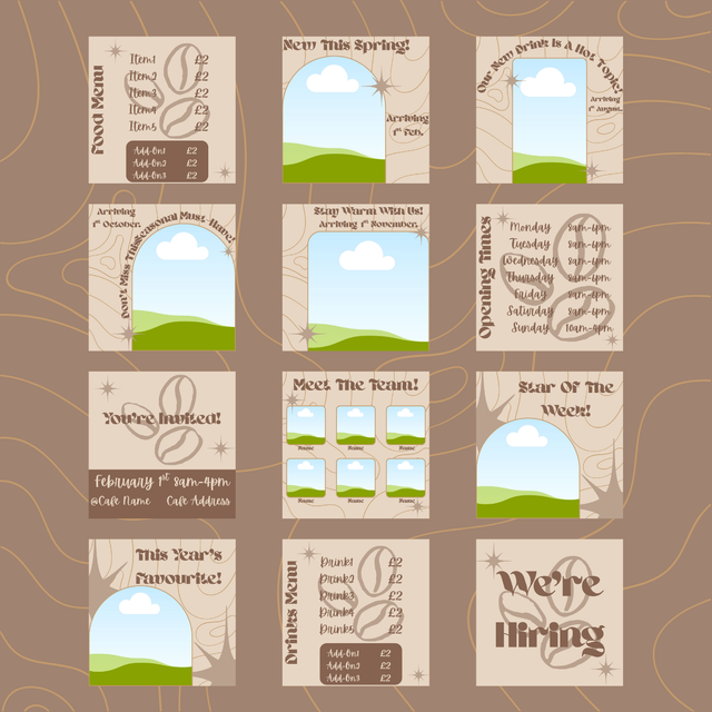 Brown Coffee Shop Instagram Socials Pack-12 Posts(Canva Pro)