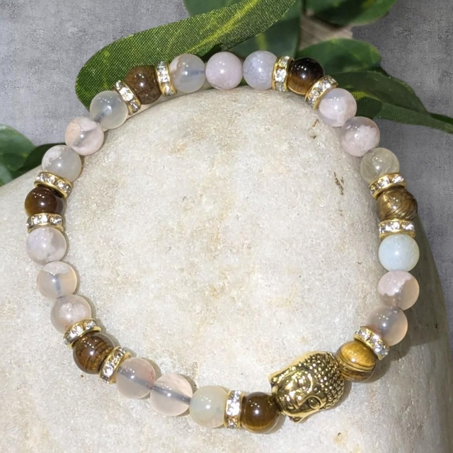 Bracelet &quot;Agate fleur de cerisier &amp; Oeil de tigre&quot; 6mm BR-309