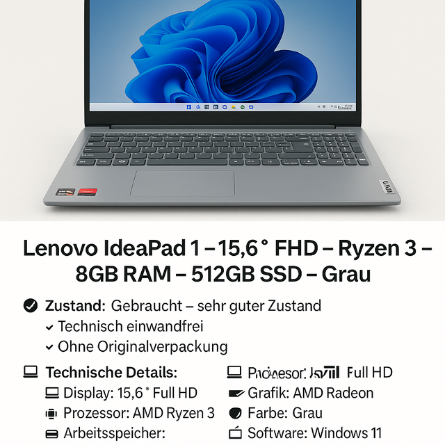 Lenovo IdeaPad 1 – 15,6″ FHD – Ryzen 3 – 8GB RAM – 512GB SSD – Grau