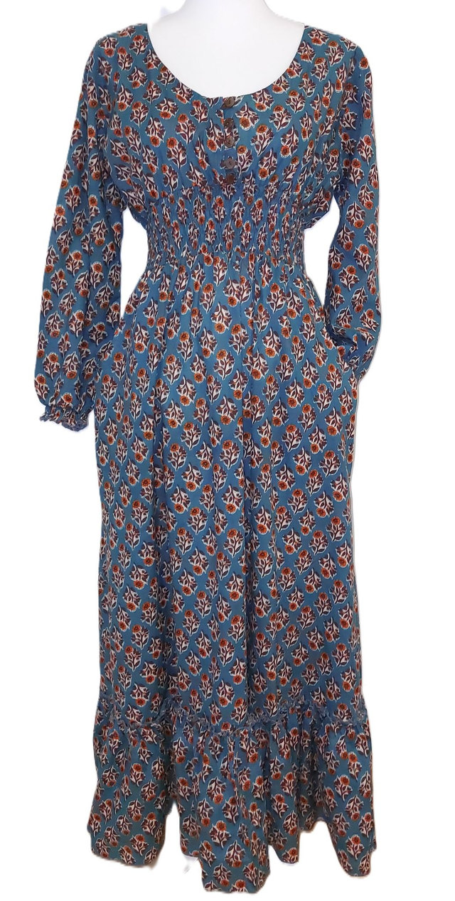Robe manches-longues en coton indien - Motif floral - Éthique et Naturel – Style Bohème Chic - Col V ou rond
