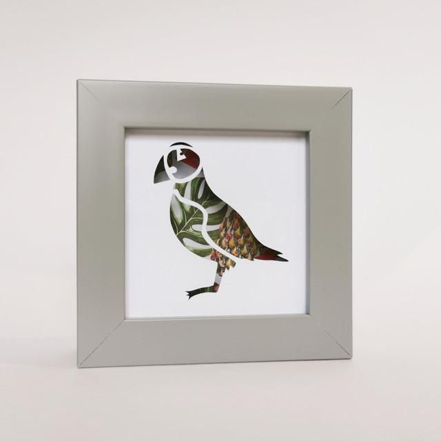 Hand cut paper silhouette – Puffin hand cut paper cut, framed