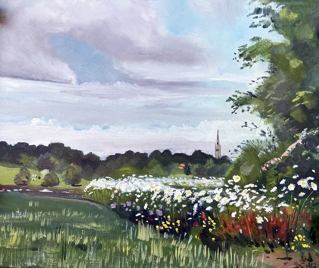 Oxeye Daisies at Sir Charles's Clump, 12x10 inch, oil on canvas.