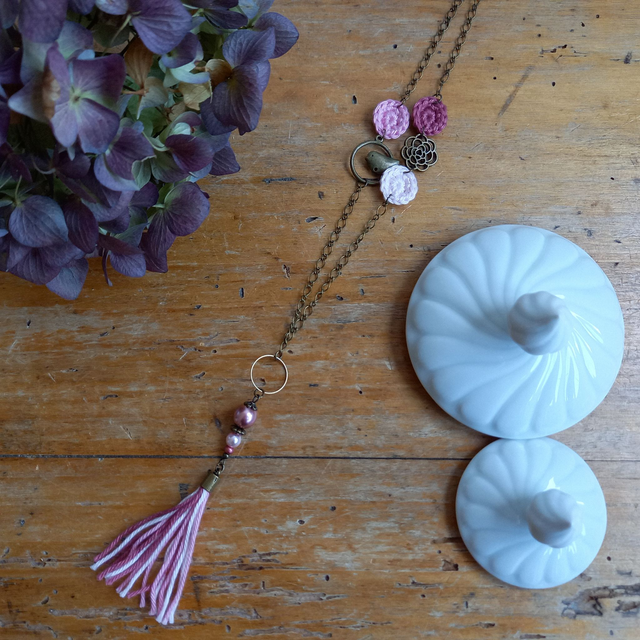 Parure bois de rose et bronze - Sautoir Herbes Folles